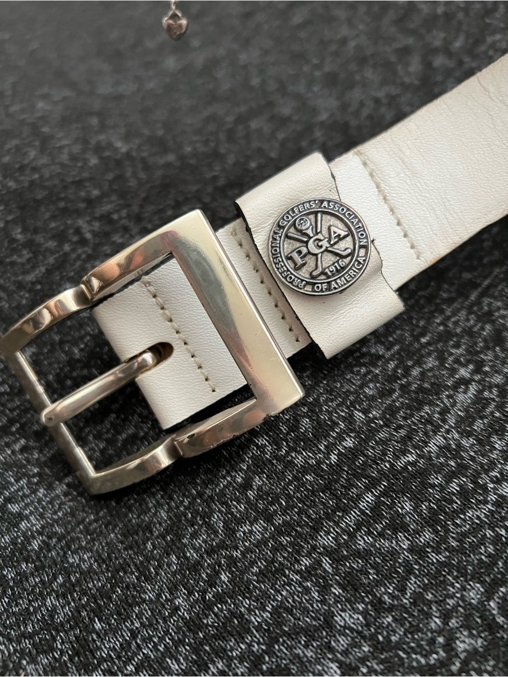 PGA Tour White Leather Belt with Silver Buckle and PGA Medallion